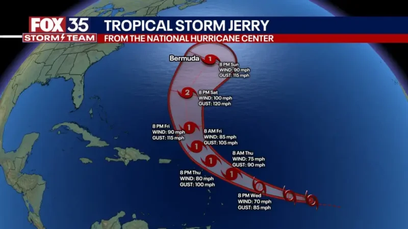 Trajectoire de la tempête tropicale Jerry au nord des Antilles