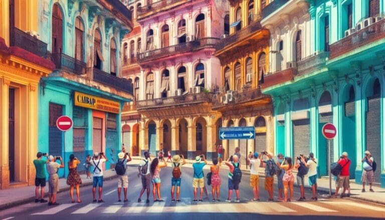 Une rue de La Havane avec des hôtels fermés et des touristes prenant des photos.