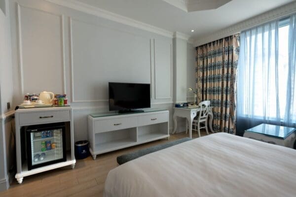 Hotel room refrigerator and minibar in a guest room