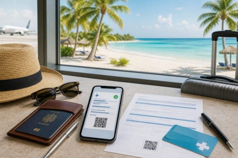 Documents de voyage et de santé prêts pour un départ vers une destination tropicale