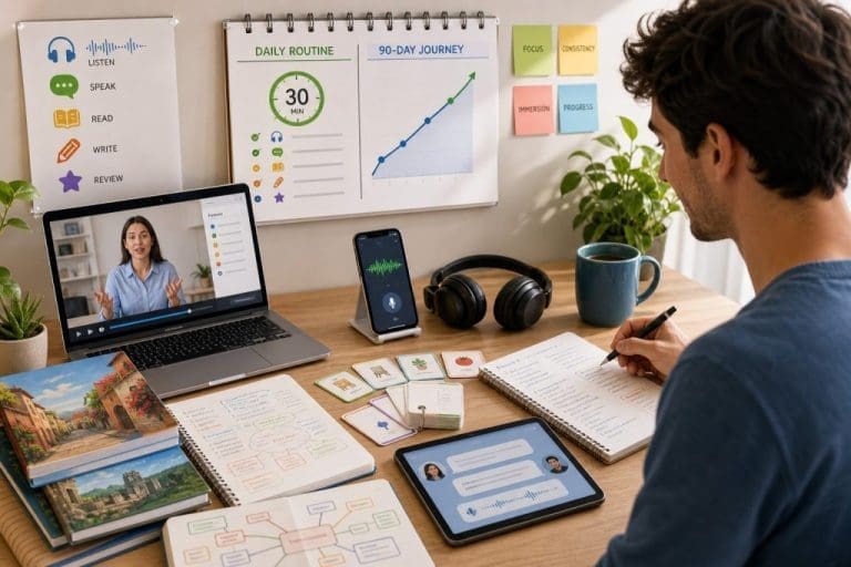 Espace d’étude pour l’apprentissage des langues avec ordinateur, tablette, téléphone, cahier et tableau de routine quotidienne