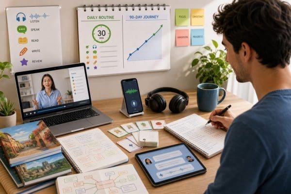 Espace d’étude pour l’apprentissage des langues avec ordinateur, tablette, téléphone, cahier et tableau de routine quotidienne