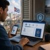 Homme utilisant un ordinateur portable et un téléphone pour une demande de passeport en ligne sécurisée, avec un drapeau cubain en arrière-plan