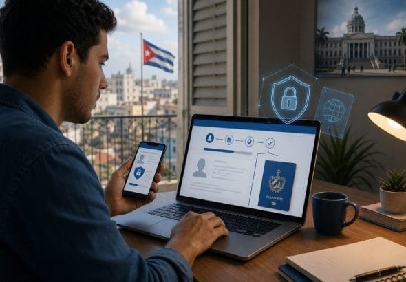 Homme utilisant un ordinateur portable et un téléphone pour une demande de passeport en ligne sécurisée, avec un drapeau cubain en arrière-plan