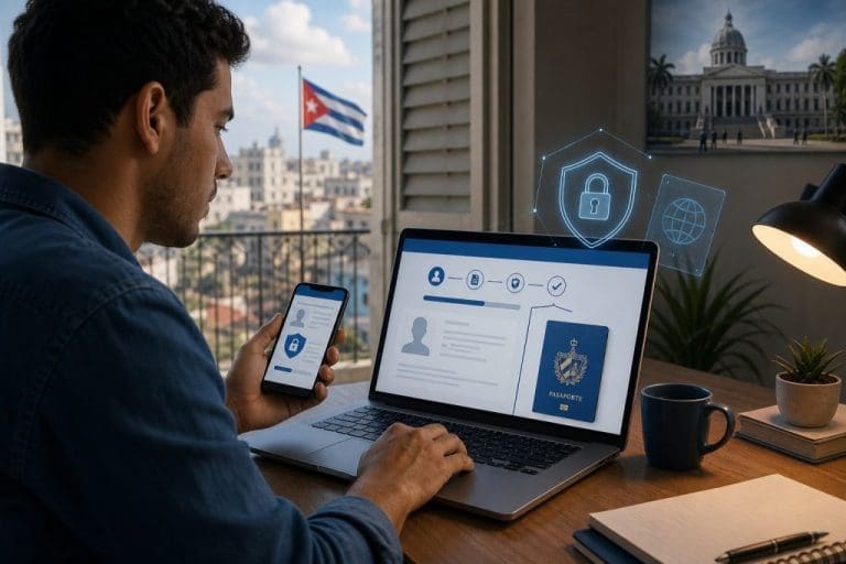Homme utilisant un ordinateur portable et un téléphone pour une demande de passeport en ligne sécurisée, avec un drapeau cubain en arrière-plan
