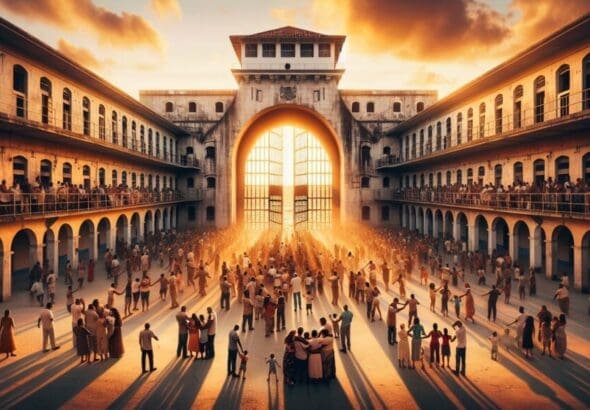 Prison cubain avec portes ouvertes symbolisant la libération à Pâques