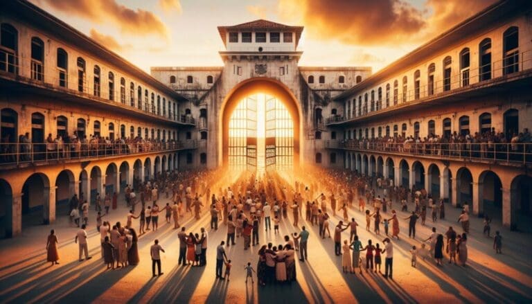 Prison cubain avec portes ouvertes symbolisant la libération à Pâques