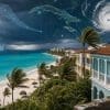 Ouragan approchant d’une station balnéaire tropicale au bord de la mer