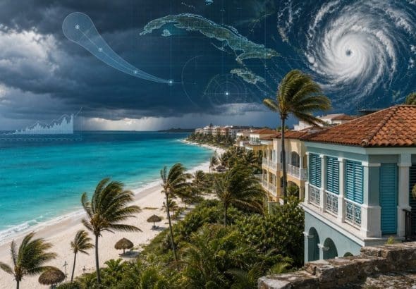 Ouragan approchant d’une station balnéaire tropicale au bord de la mer