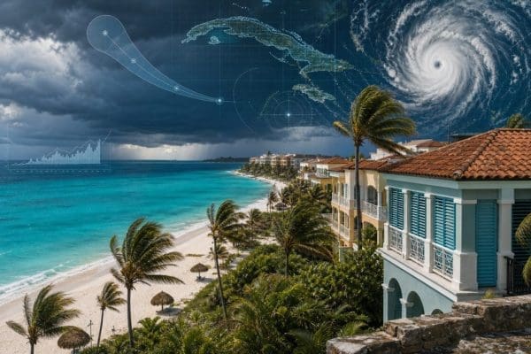 Ouragan approchant d’une station balnéaire tropicale au bord de la mer
