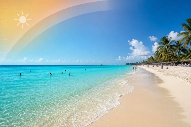 Plage tropicale avec eau turquoise, palmiers et baigneurs sous un ciel bleu ensoleillé