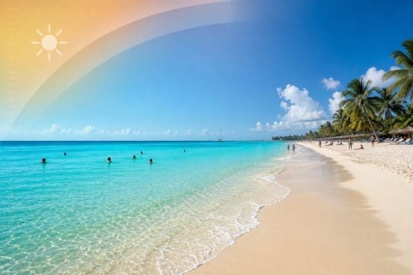 Plage tropicale avec eau turquoise, palmiers et baigneurs sous un ciel bleu ensoleillé