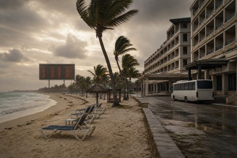 Plage venteuse devant un hôtel, avec palmiers, chaises longues et autobus sous un ciel nuageux