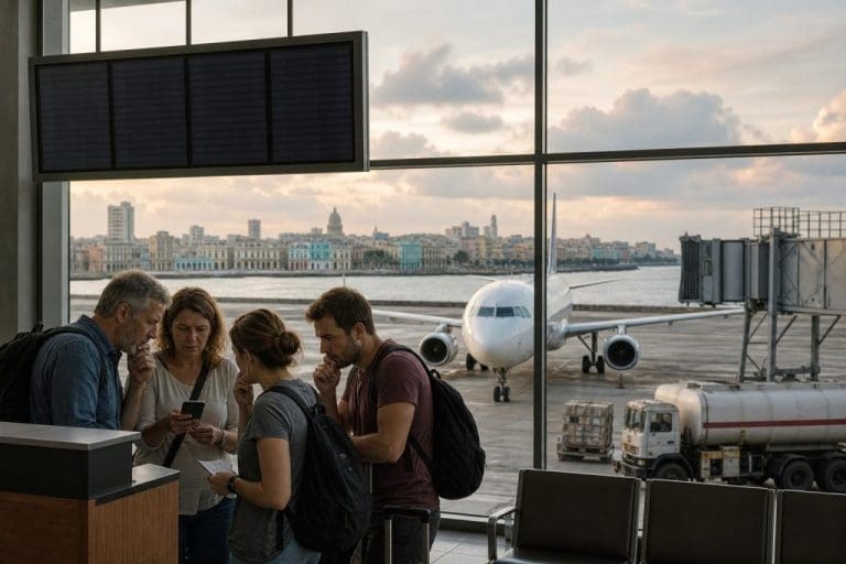 Quatre voyageurs consultent un téléphone à l’aéroport, avec un avion et le tarmac en arrière-plan