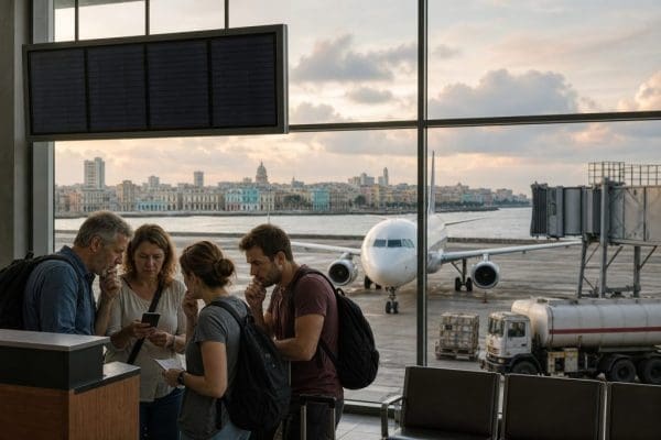Quatre voyageurs consultent un téléphone à l’aéroport, avec un avion et le tarmac en arrière-plan