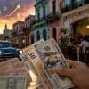 Scène de rue à La Havane au coucher du soleil, avec des billets en devises tenus au premier plan et des symboles de hausse financière dans le ciel