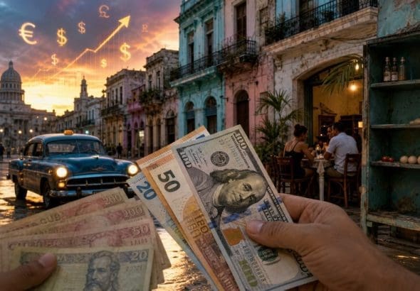 Scène de rue à La Havane au coucher du soleil, avec des billets en devises tenus au premier plan et des symboles de hausse financière dans le ciel