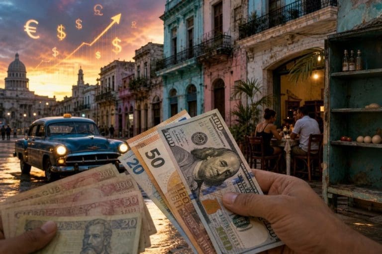 Scène de rue à La Havane au coucher du soleil, avec des billets en devises tenus au premier plan et des symboles de hausse financière dans le ciel