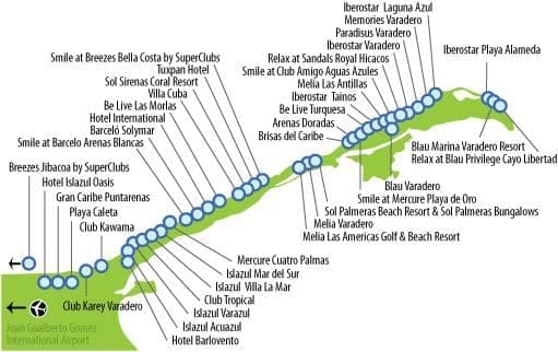 Map of Varadero hotels on the resort strip showing hotel locations, room blocks, beach access, pools and lobby areas