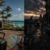 Voyage entre deux mondes : plage tropicale ensoleillée et rue urbaine sombre au coucher du soleil