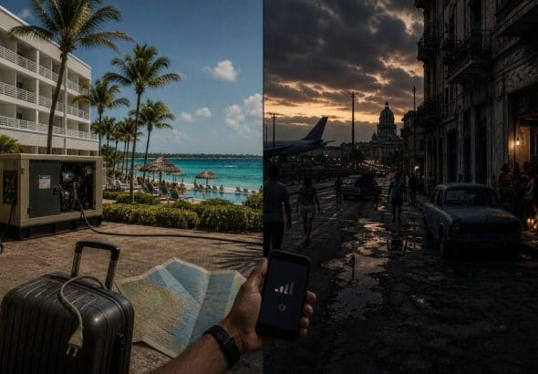Voyage entre deux mondes : plage tropicale ensoleillée et rue urbaine sombre au coucher du soleil