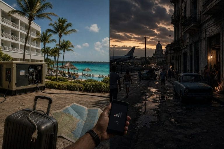 Voyage entre deux mondes : plage tropicale ensoleillée et rue urbaine sombre au coucher du soleil