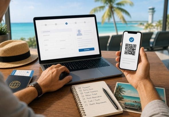 Voyageur préparant un voyage avec ordinateur portable, téléphone à code QR, passeport et liste de vérification