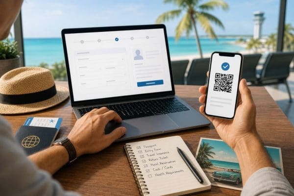 Voyageur préparant un voyage avec ordinateur portable, téléphone à code QR, passeport et liste de vérification